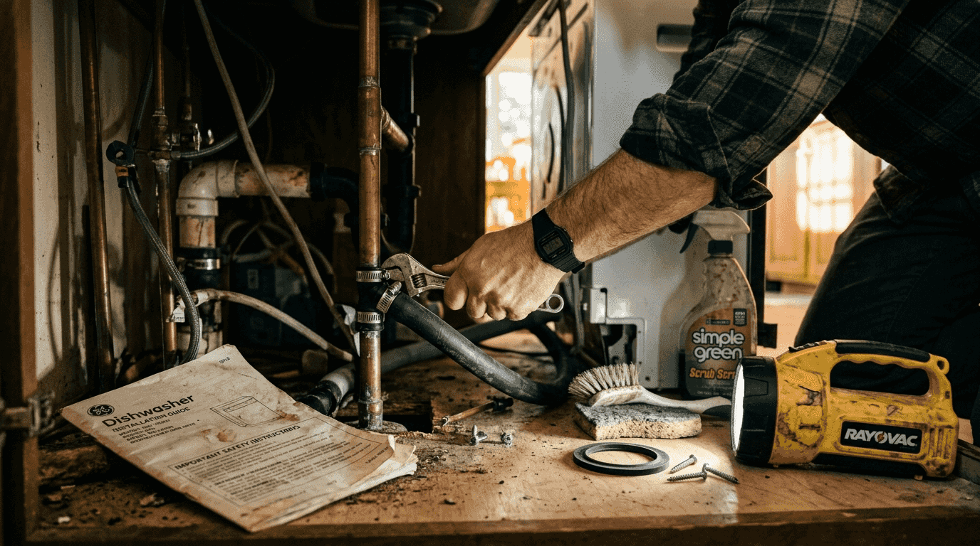 Tightening dishwasher hose under kitchen sink
