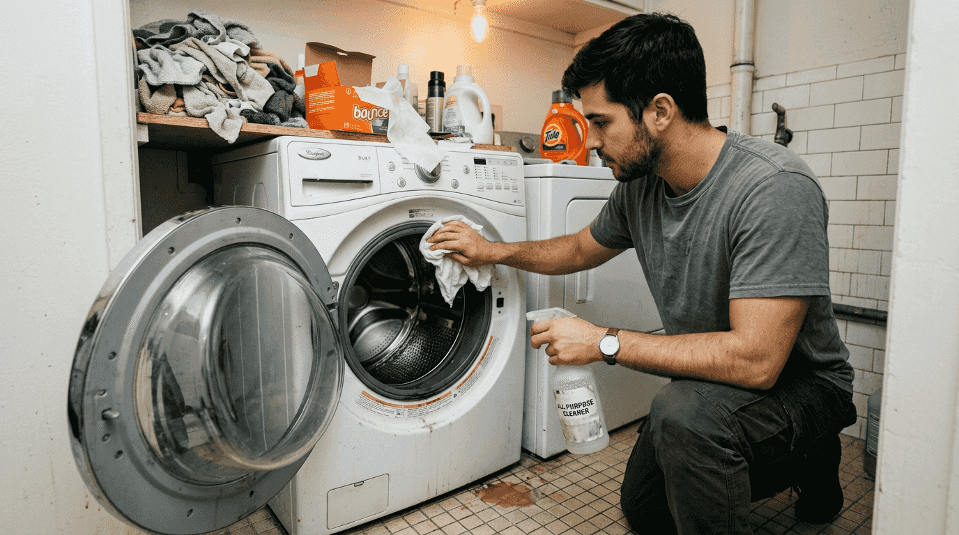 Man cleaning washer drum and door seal