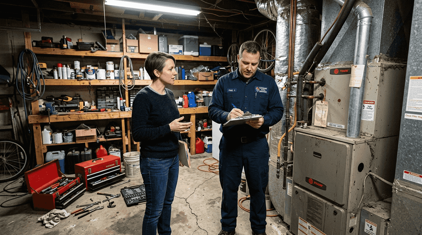 Homeowner consults technician on furnace maintenance