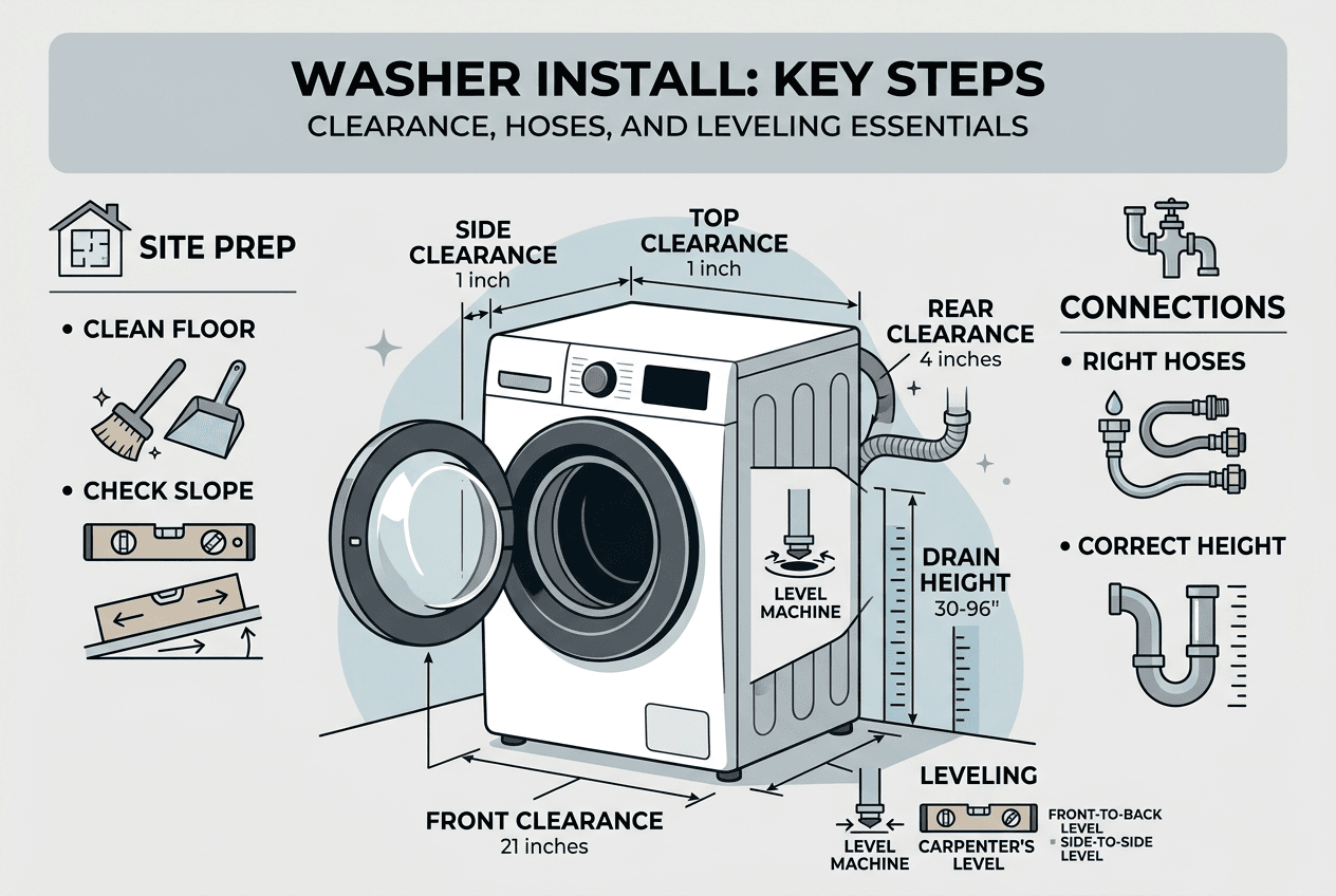 Infographic washer installation steps and clearances