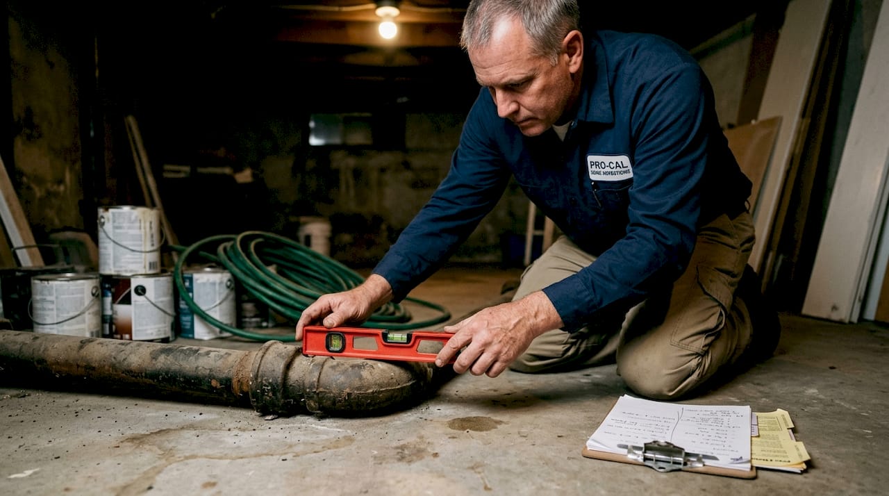 Inspector checks slope of basement drain pipe