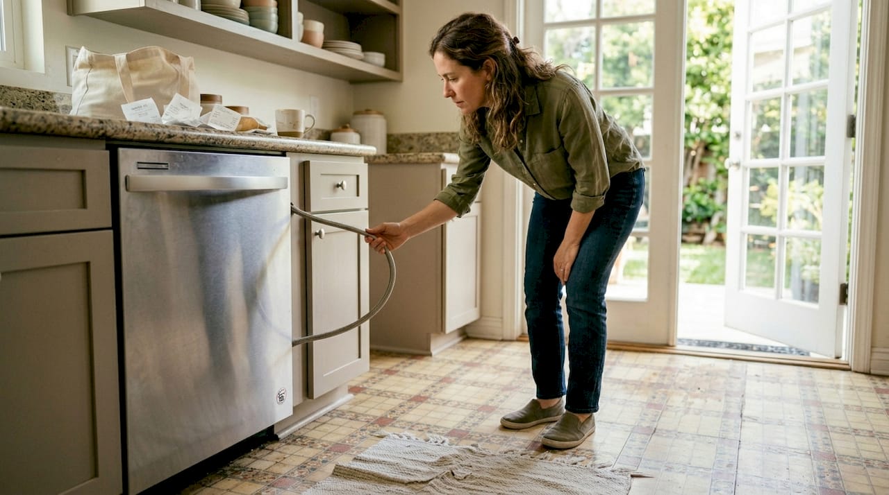 Woman checking appliance for leak signs