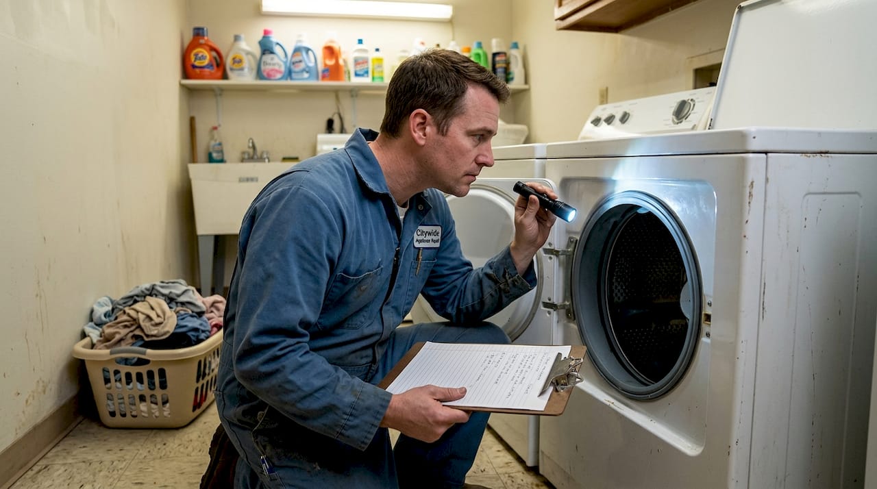 Technician inspecting washing machine for repair