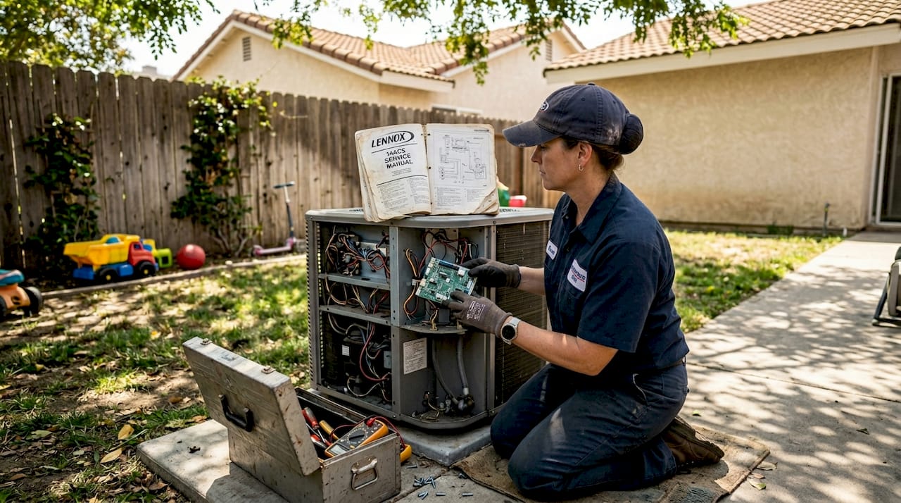 HVAC technician fixing outdoor unit backyard