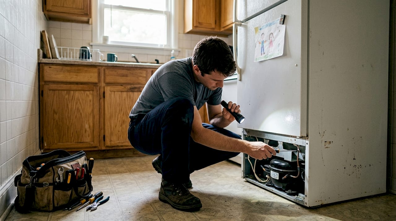 Technician checking refrigerator compressor wiring
