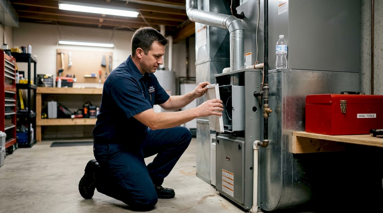 Technician replacing humidifier water panel