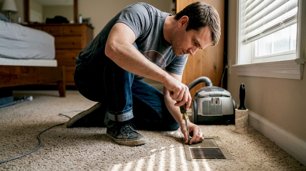 Man cleaning HVAC vent in bedroom