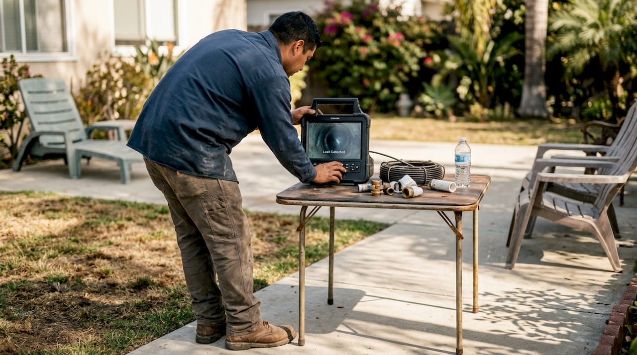 Plumber using camera for slab leak inspection