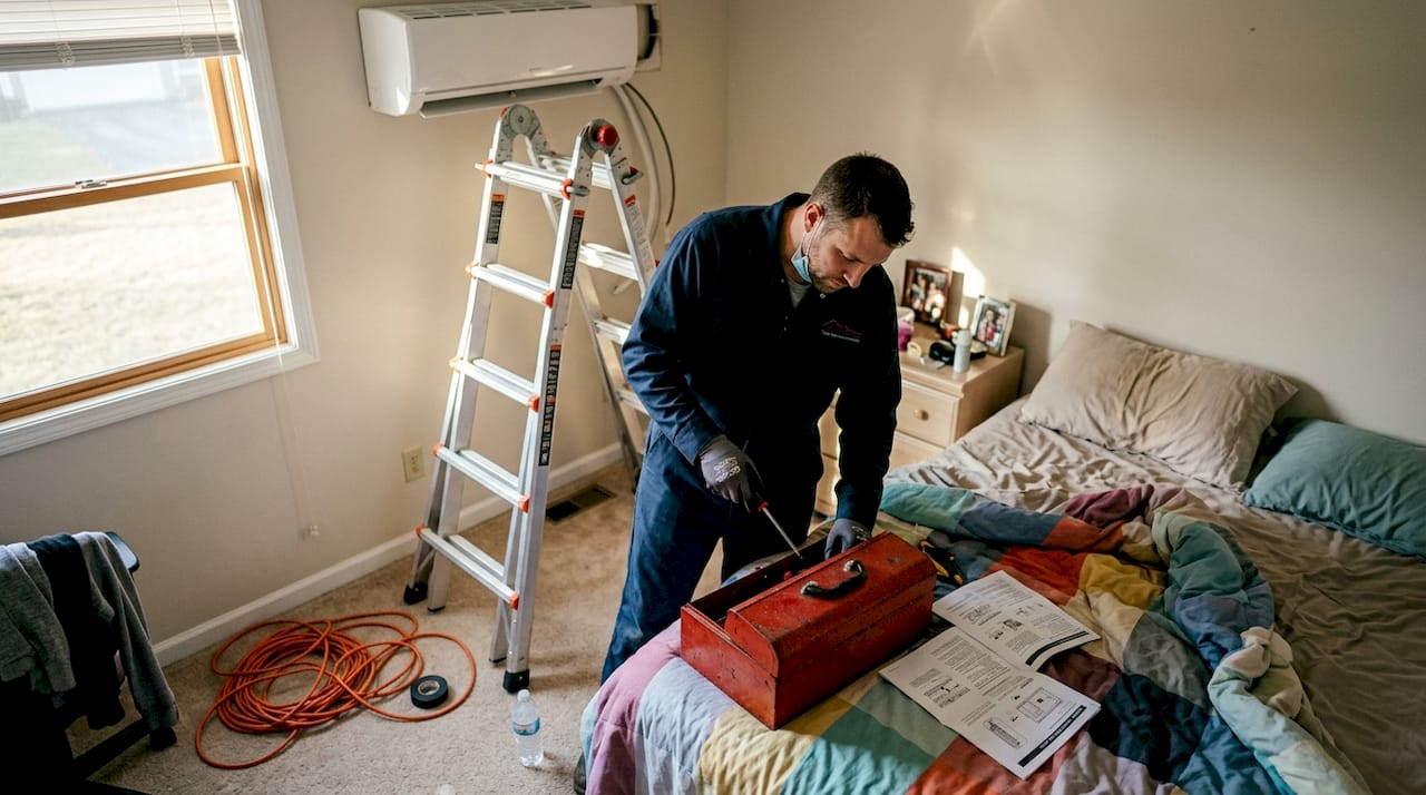 Technician installing ductless mini split