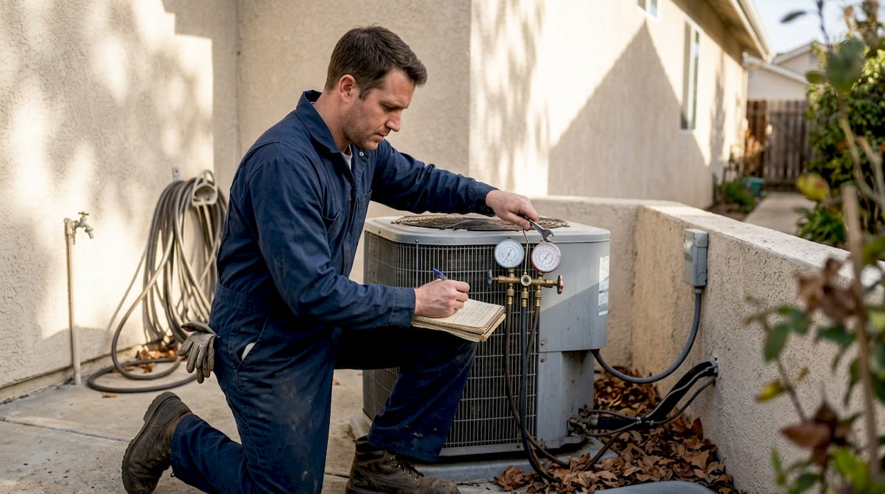 Technician measuring HVAC system outside home
