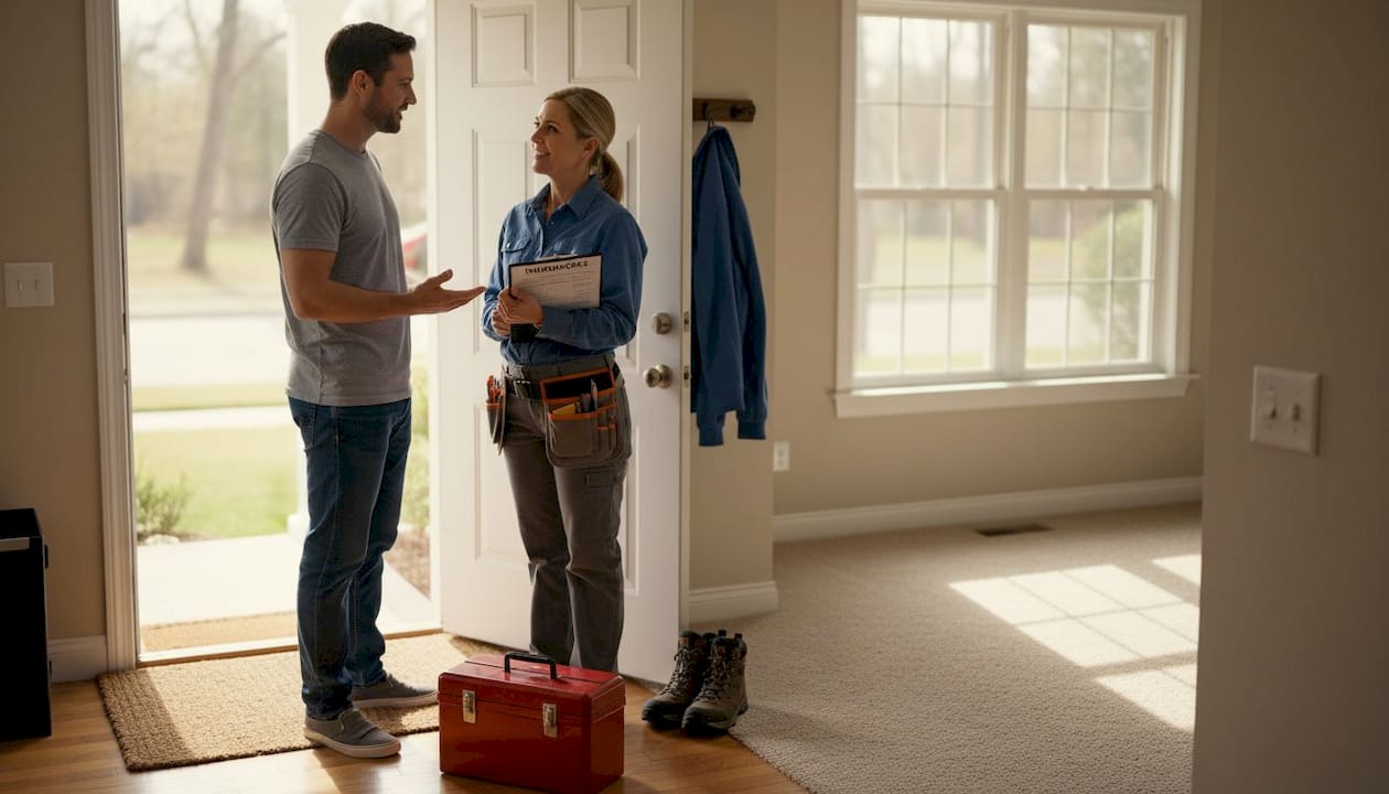 Homeowner and repair worker discuss insurance papers