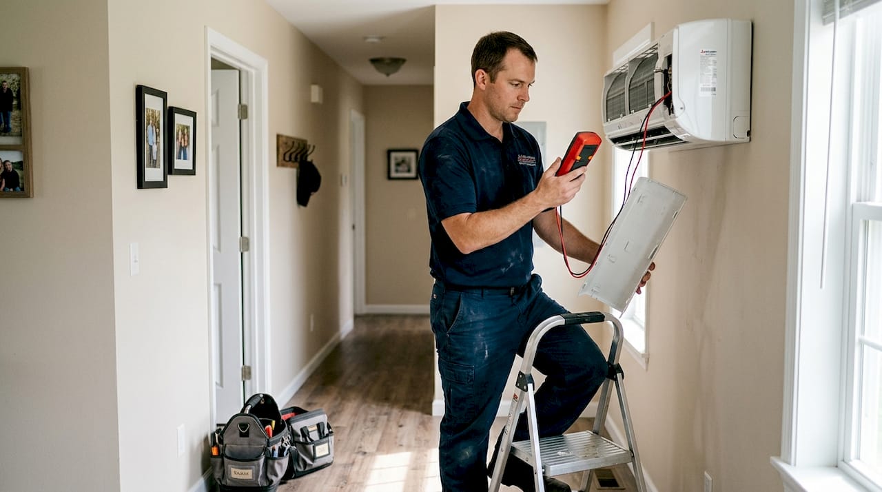 Technician servicing wall-mounted mini-split AC
