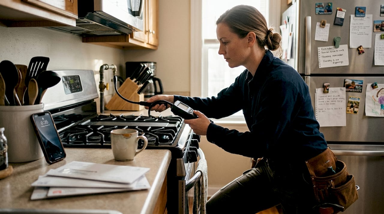 Technician using detector checks kitchen gas line