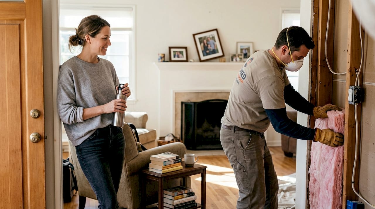 Homeowner observes wall insulation installation