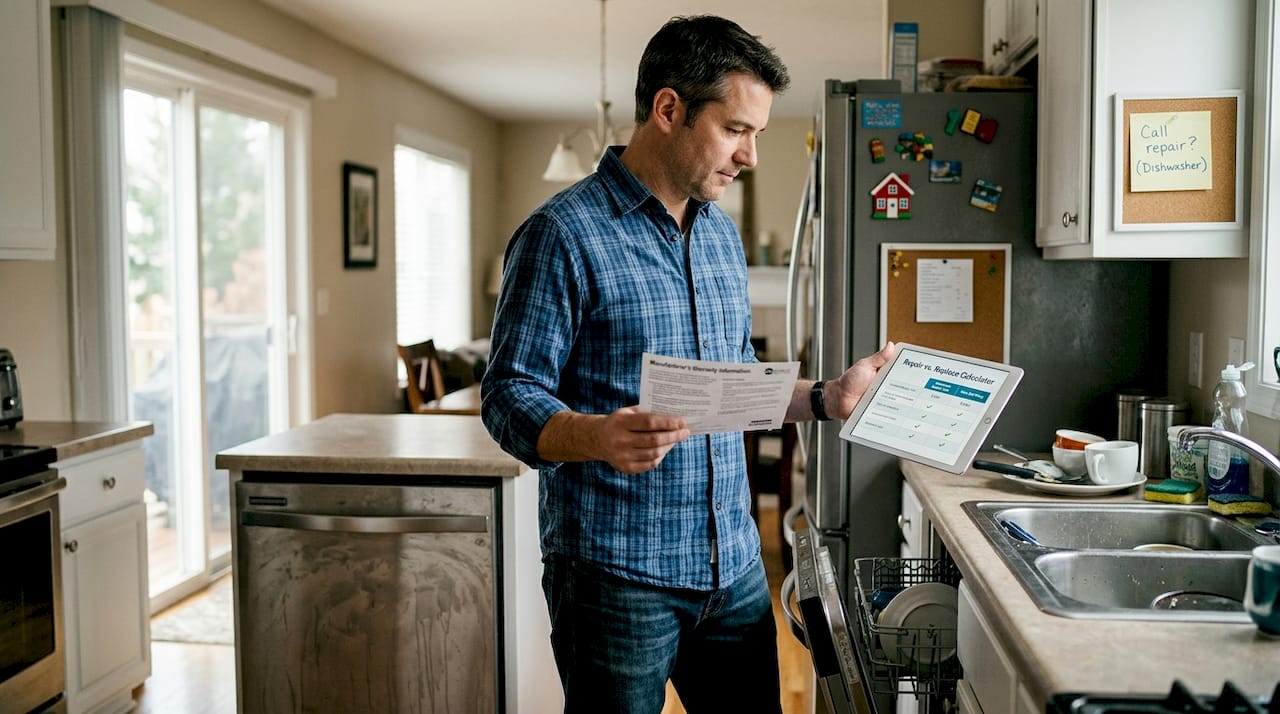 Man comparing warranty coverage at kitchen counter