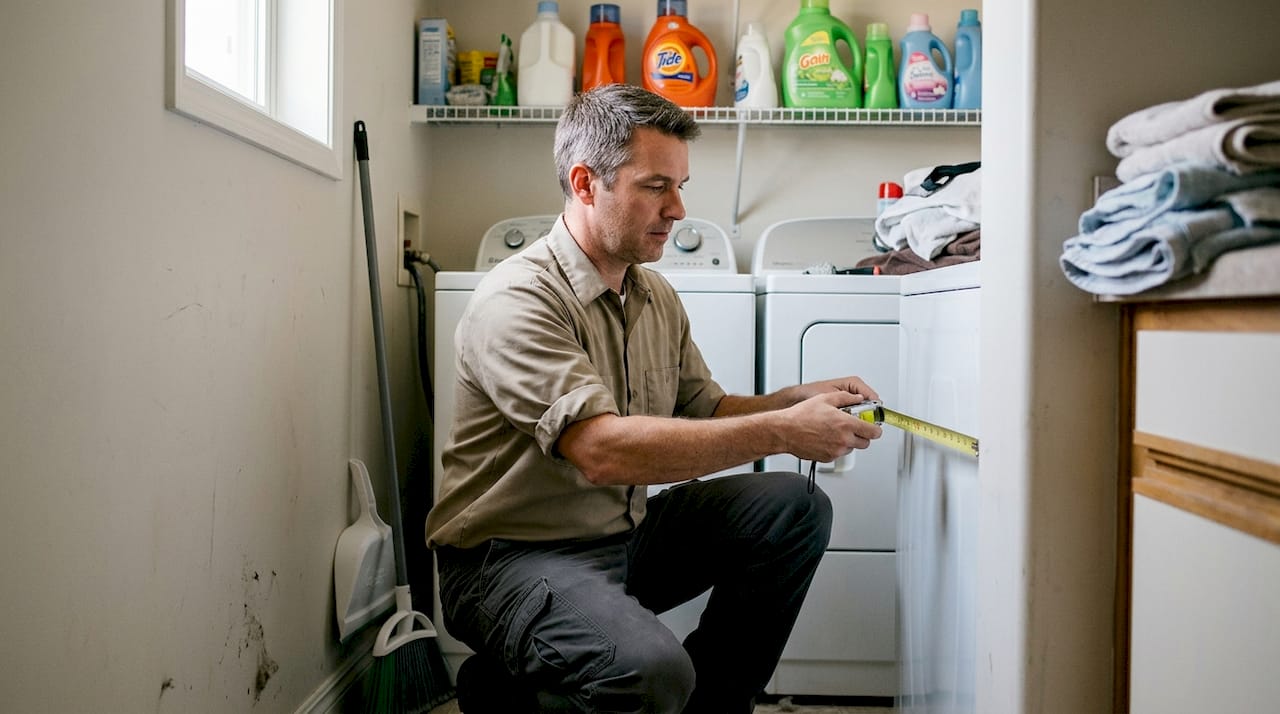 Technician measures washing machine clearance