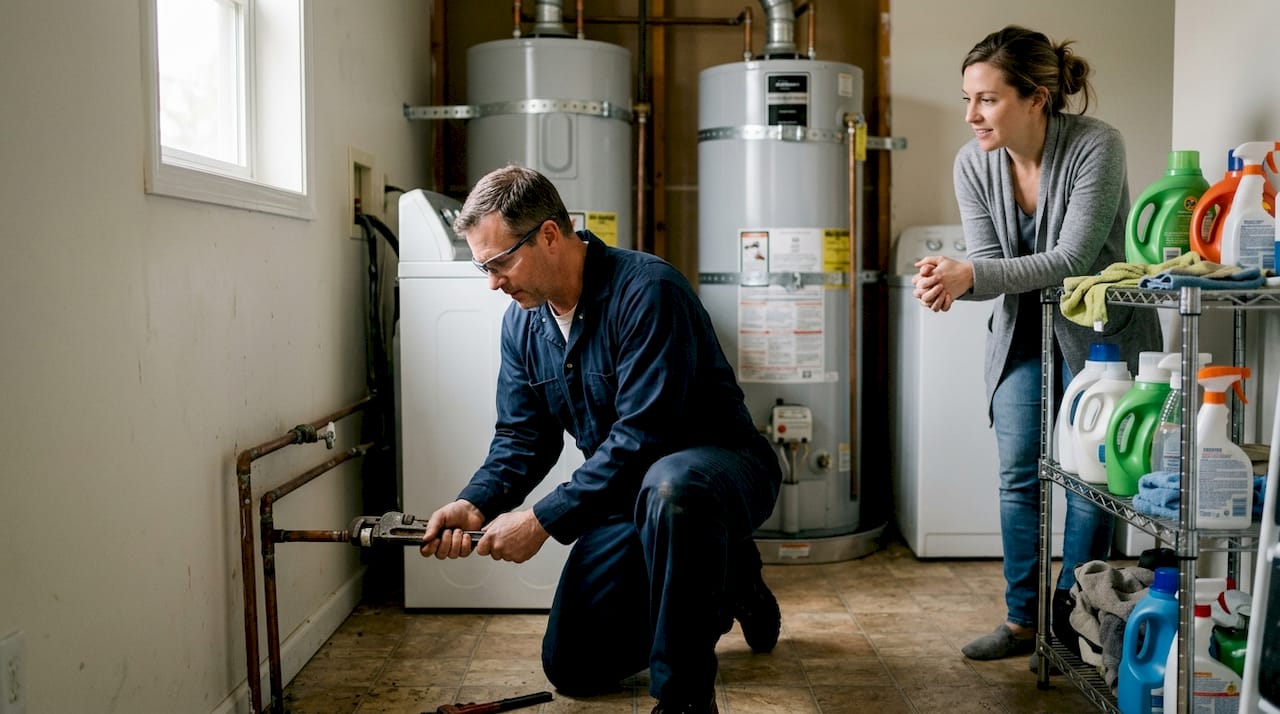 Plumber fixes corroded supply line in utility room
