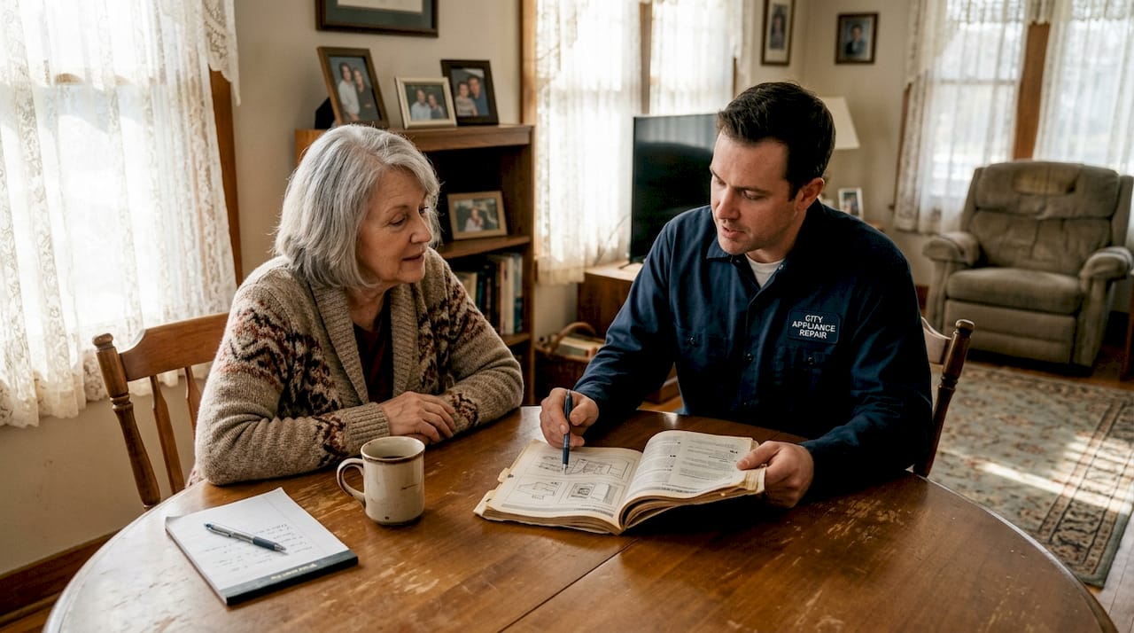 Local technician explains repair to homeowner