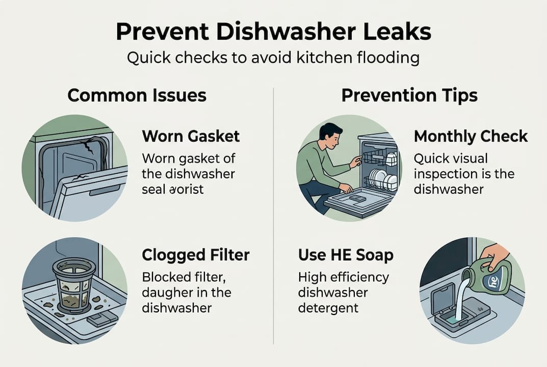 Infographic showing dishwasher leak causes and prevention