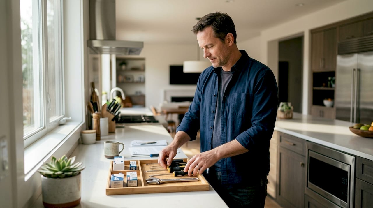 Man organizing DIY repair tools for dishwasher