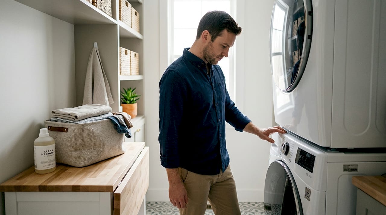 Person cleaning dryer vent in laundry room