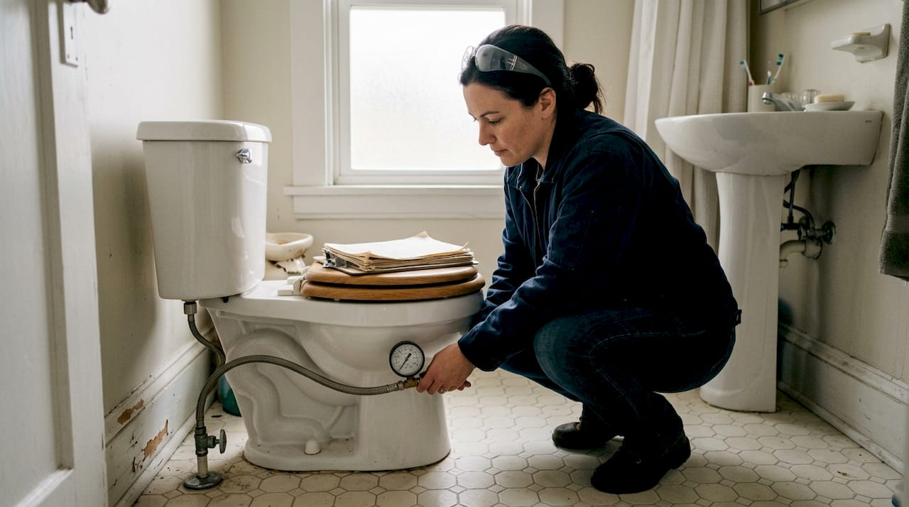 Inspector checks bathroom plumbing safety