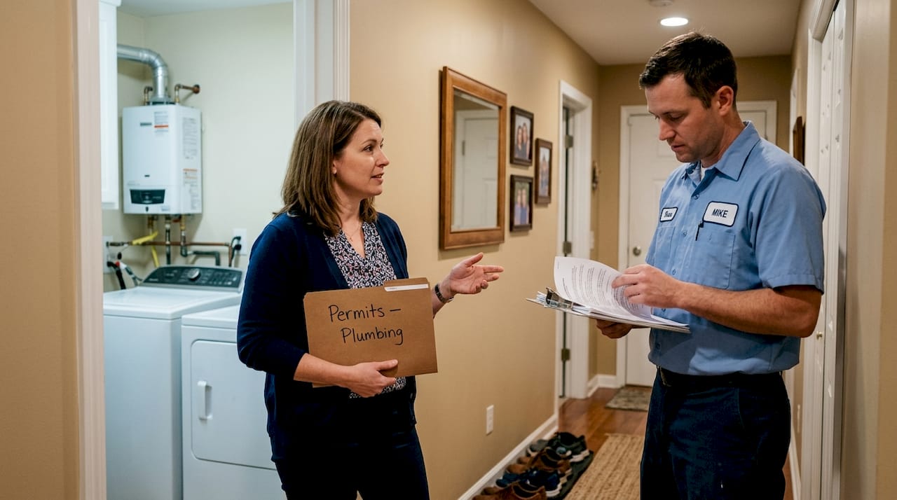 Homeowner discussing permits with plumber