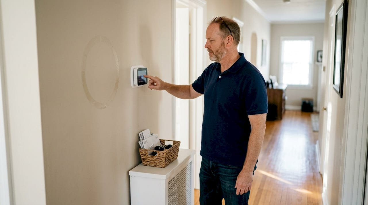Homeowner adjusting digital thermostat in hallway