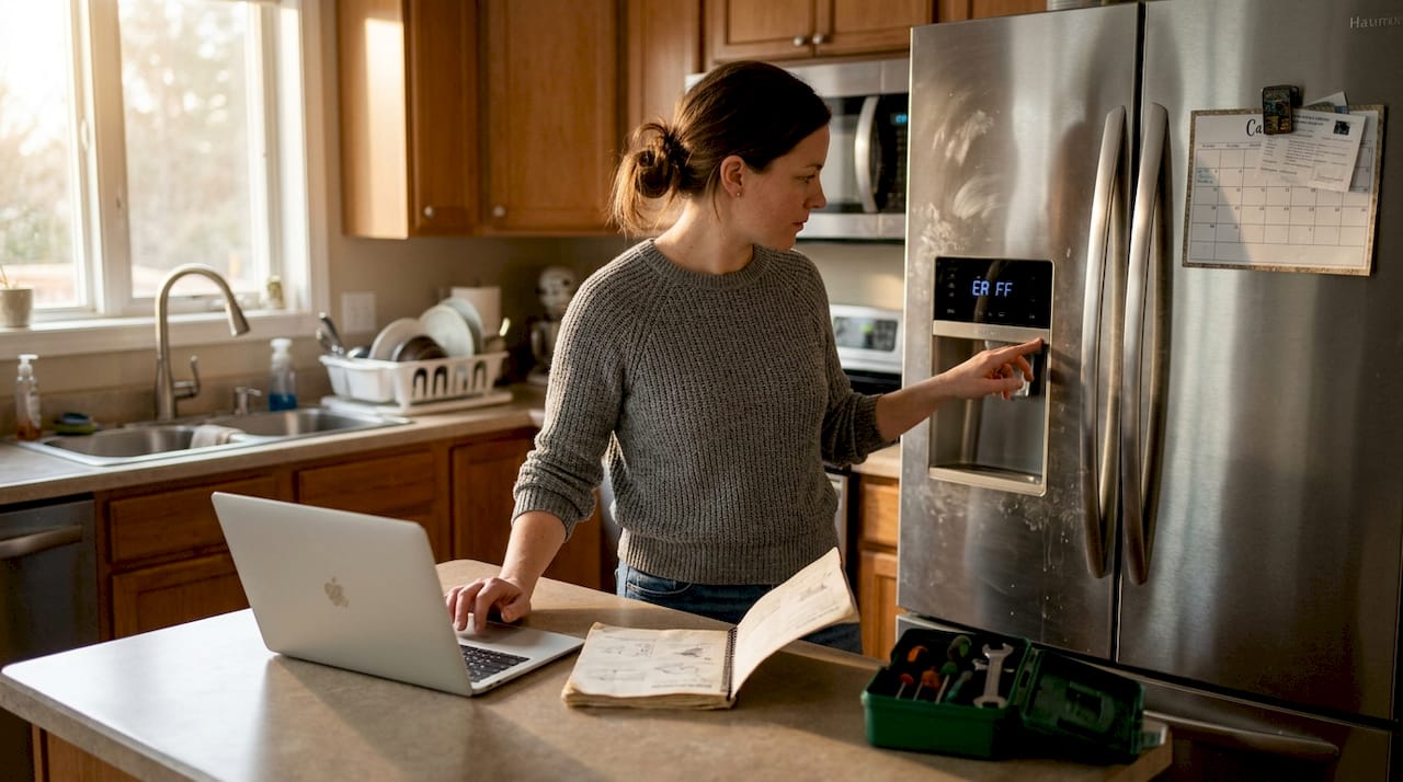 Homeowner using laptop for smart appliance diagnostics