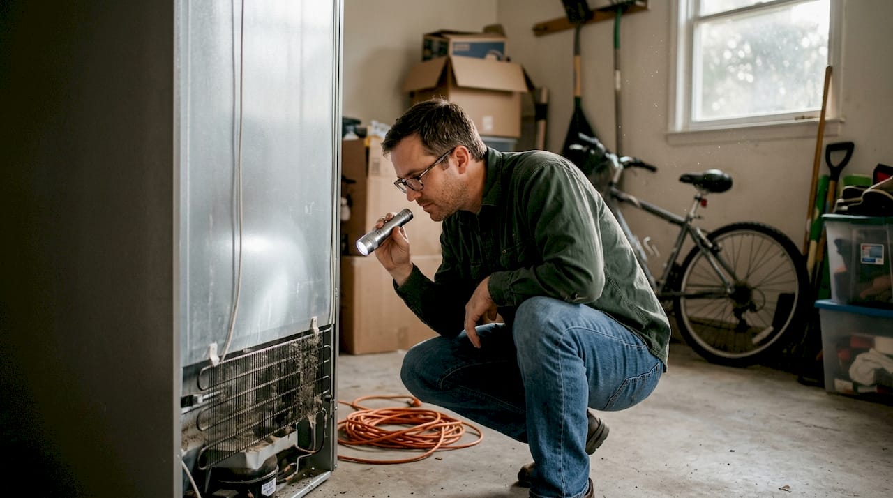 Man inspecting dusty refrigerator coils in garage