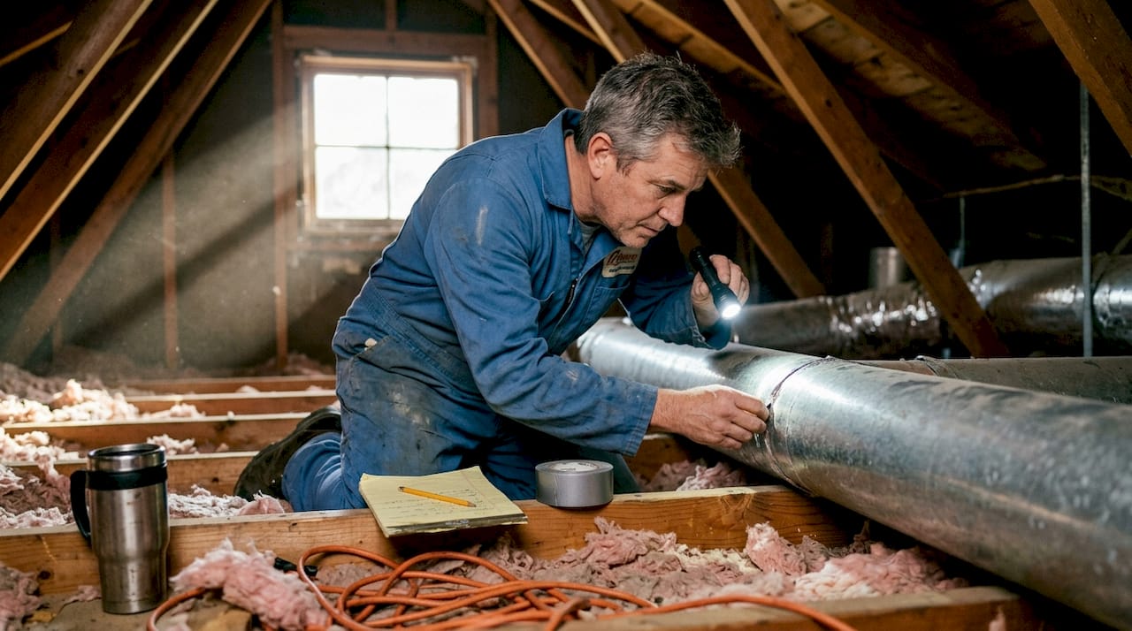 Ventilation technician inspecting attic vent