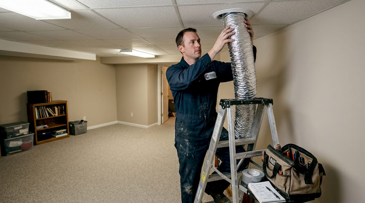 Technician cleaning ceiling air ducts