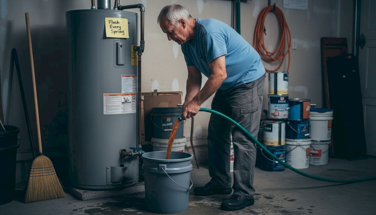 Person draining water heater in home garage