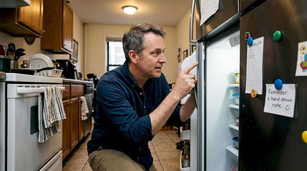 Man inspecting fridge door gasket for debris
