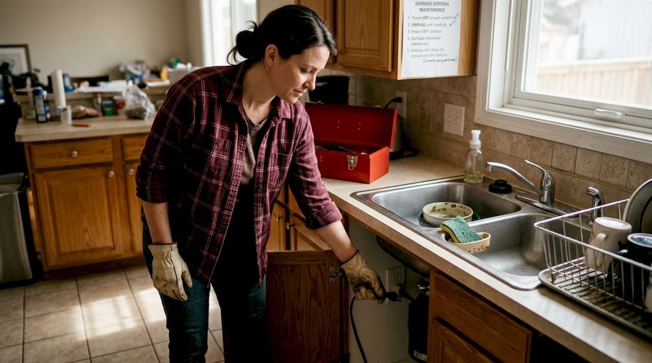Woman unplugs garbage disposal for safety