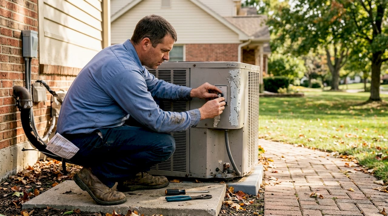 Technician adjusting outdoor heat pump unit