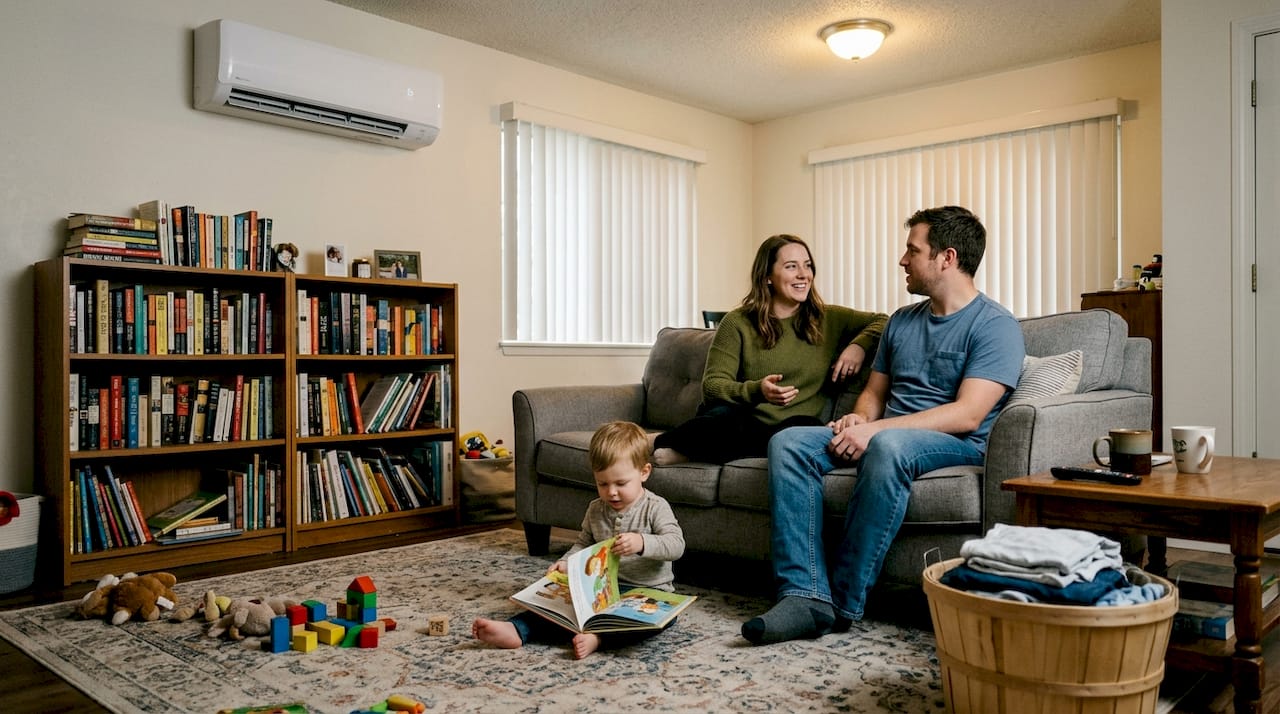 Family relaxing with heat pump in living room