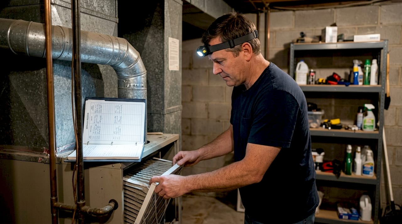 Homeowner changing filter on old furnace