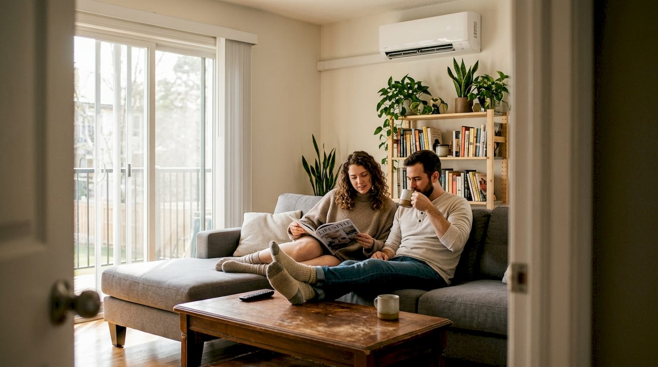 Couple relaxing with ductless mini split visible