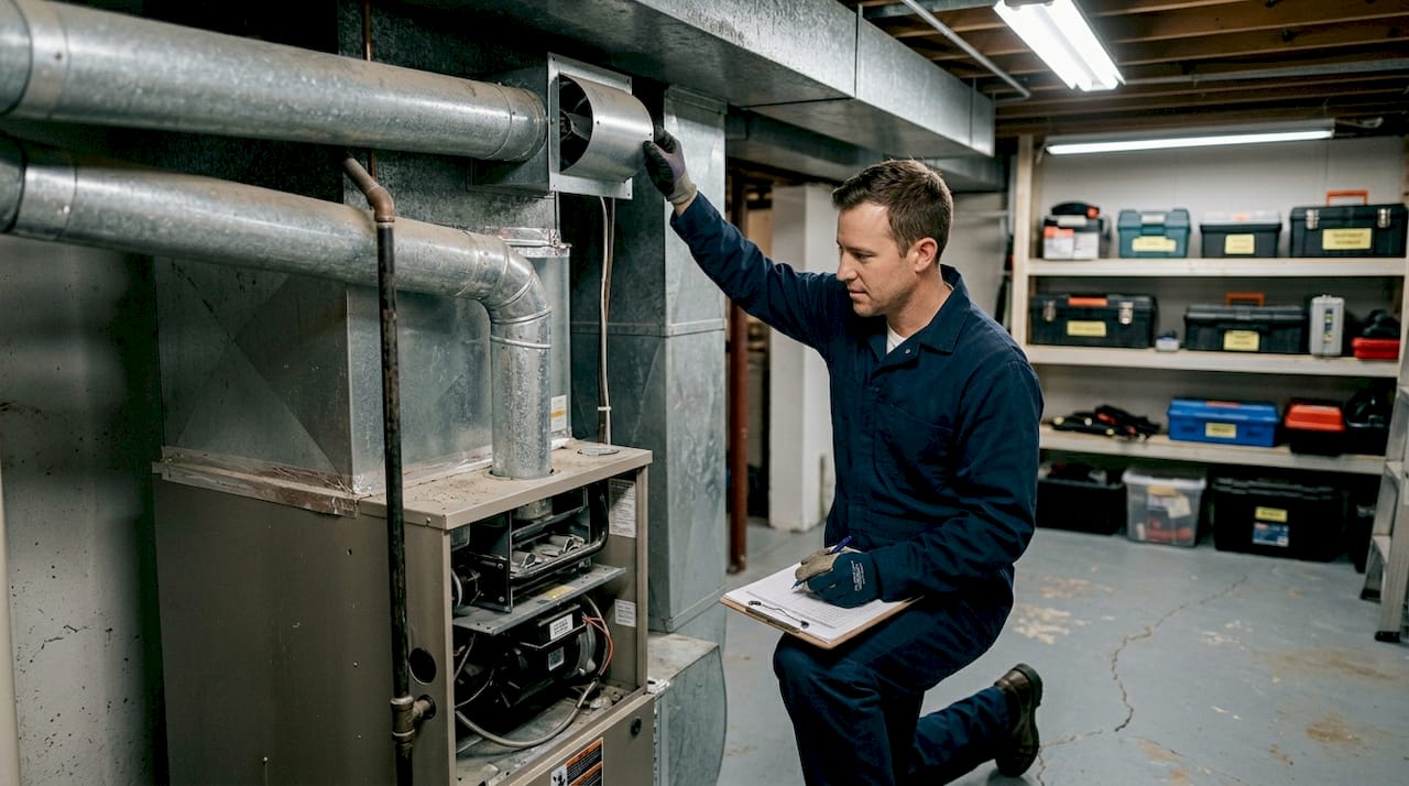 Technician adjusting HVAC zone damper in basement