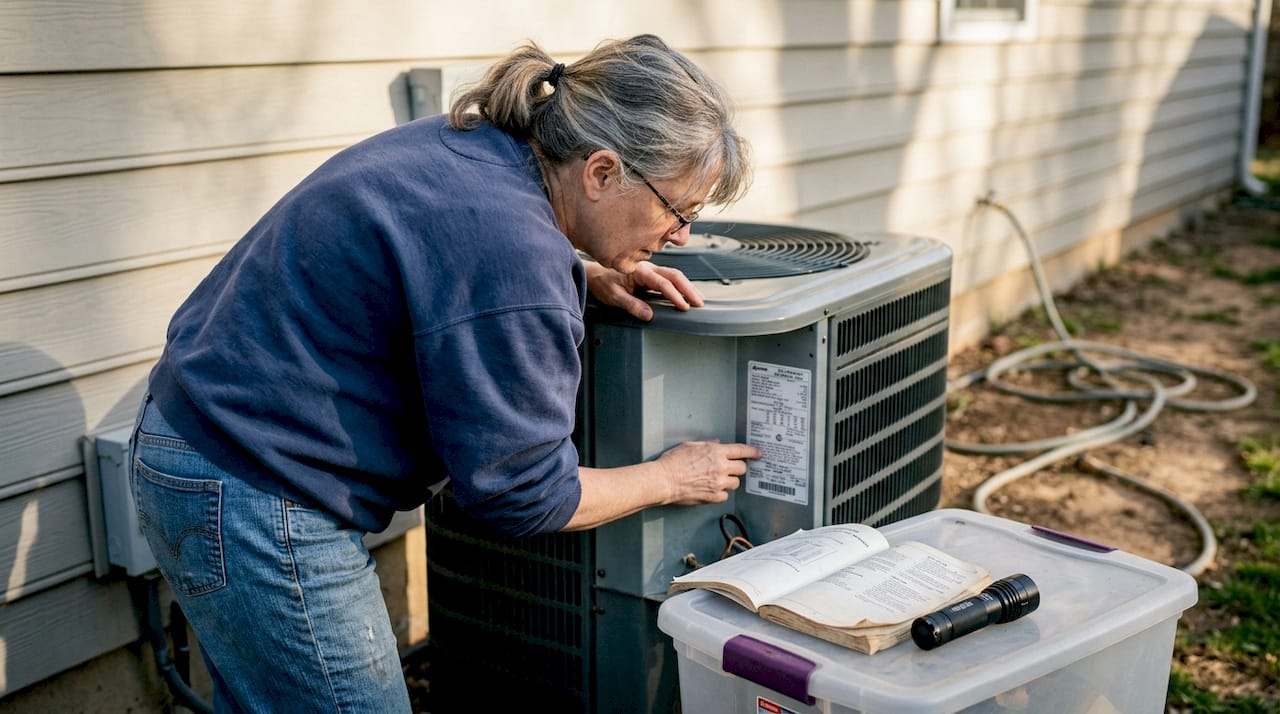 Homeowner inspecting AC compressor label outside