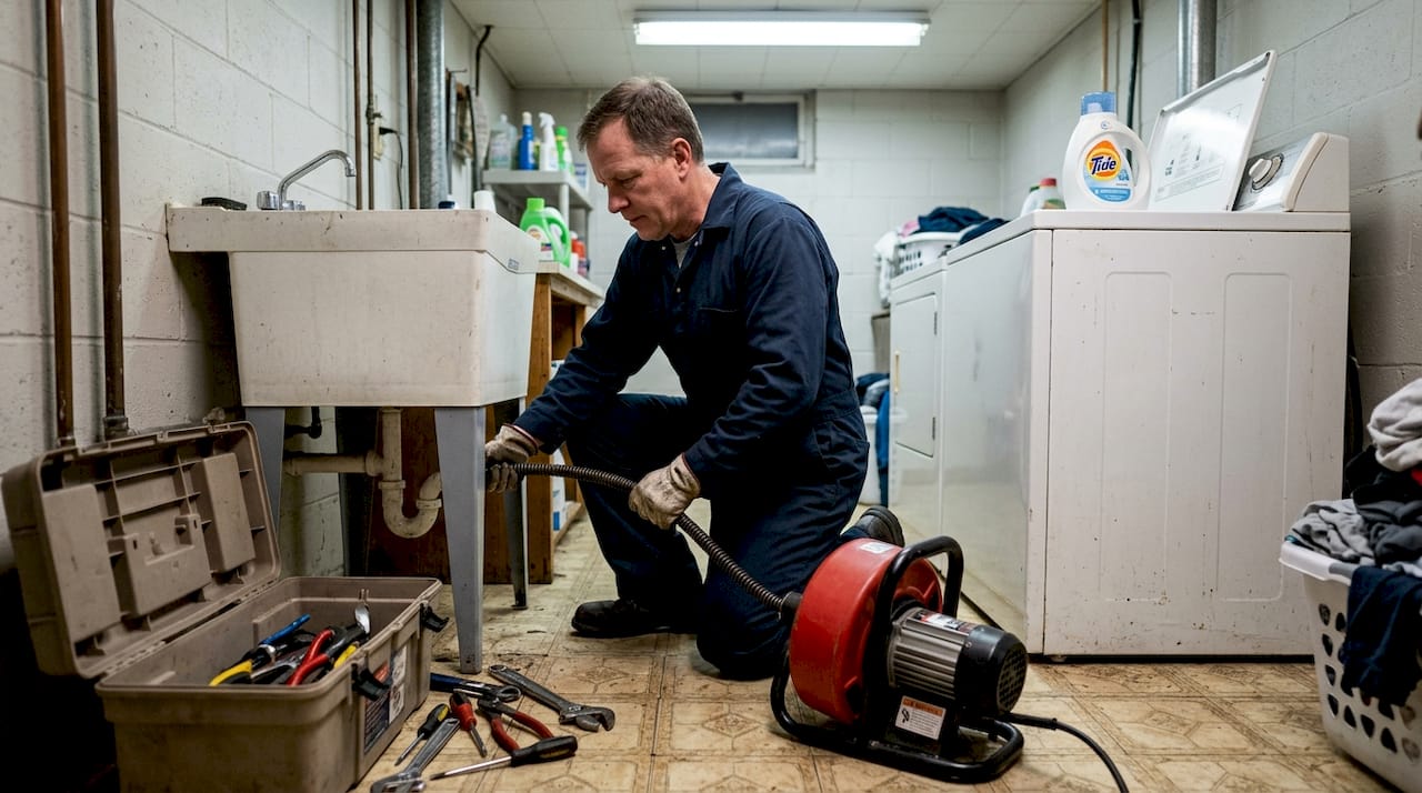 Plumber feeding motorized drain snake into pipe