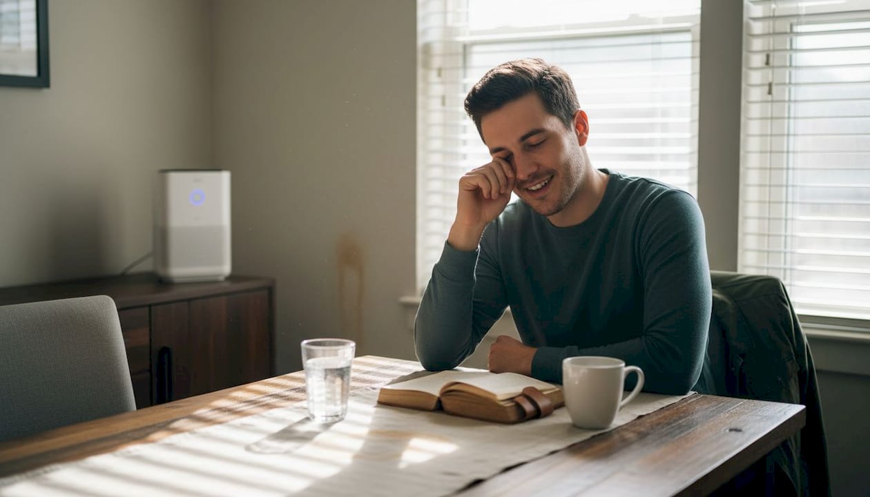 Person with irritated eyes in stuffy room