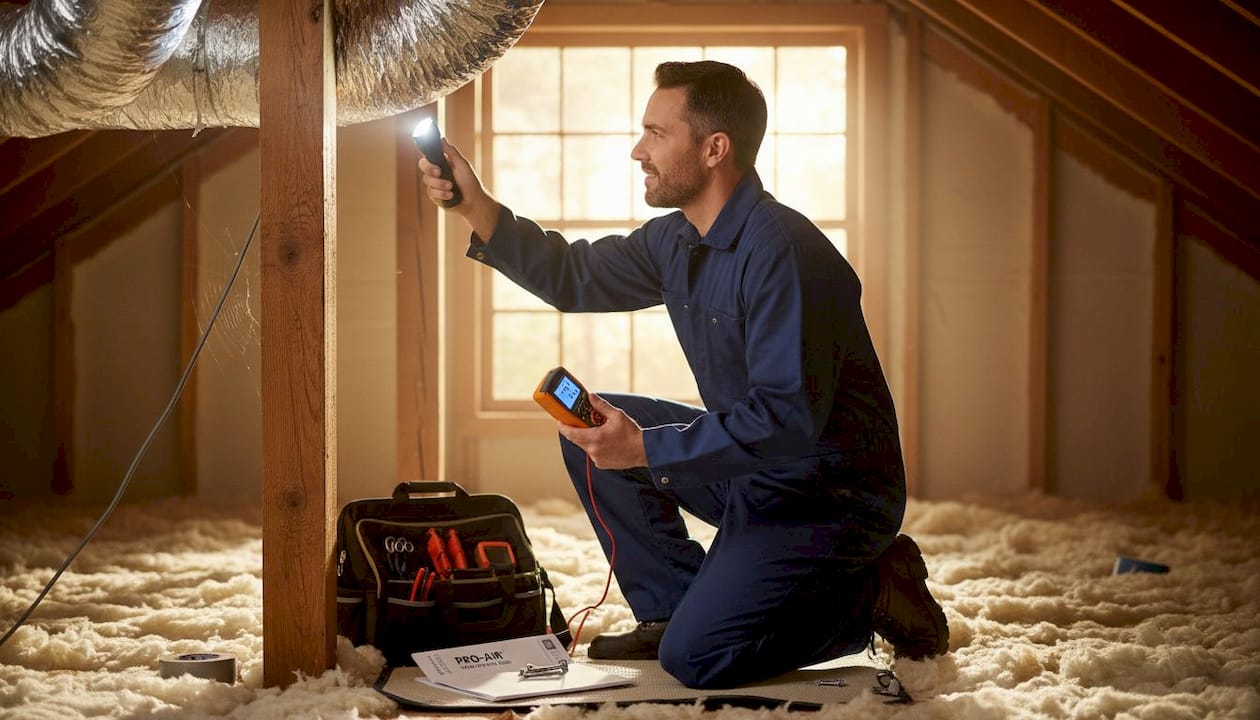 Technician inspects attic ductwork for repairs