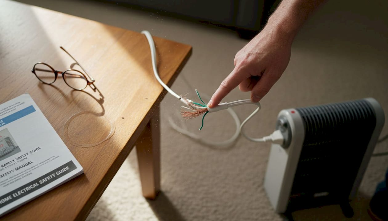 Hands holding frayed cord near heater