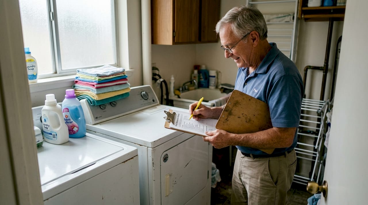 Technician reviewing dryer maintenance checklist