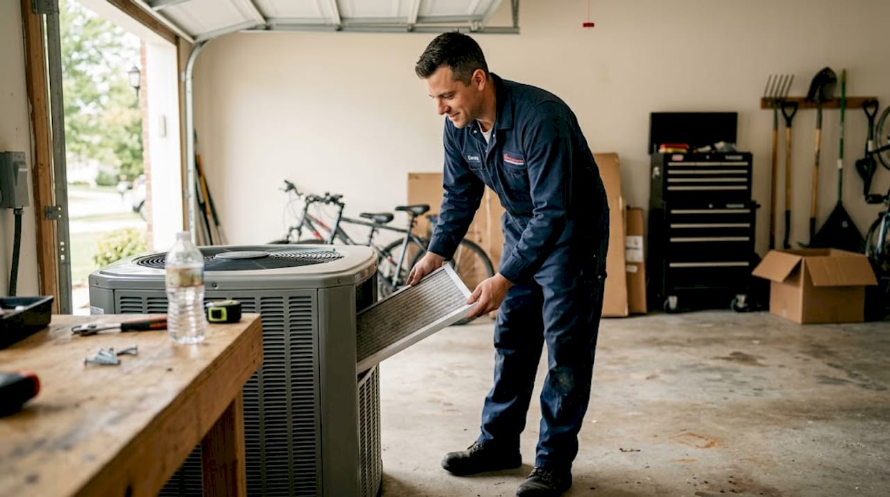 Technician changing air filter in garage