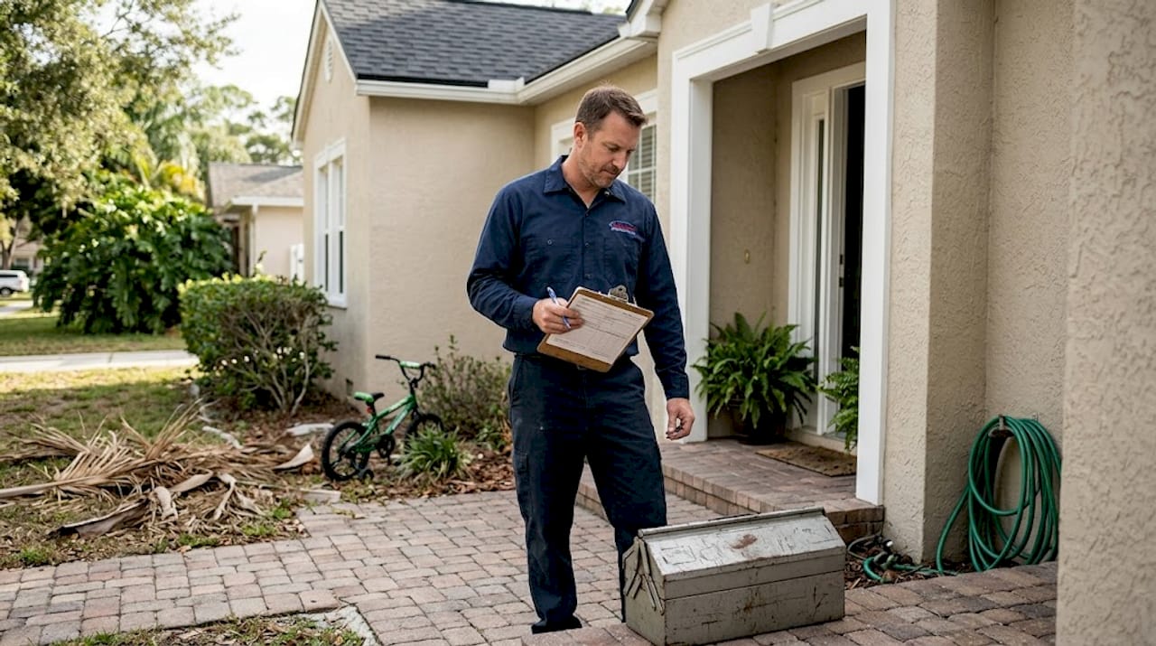 Technician reviews repair details on front porch
