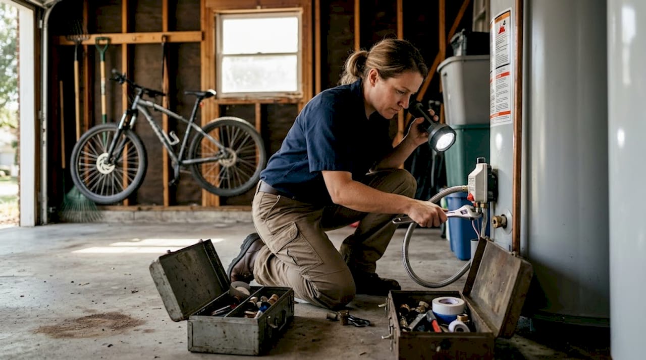 Plumber tightening water heater hose connection