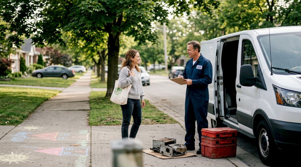 Homeowner and repair technician outside suburban home